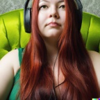 A red-haired, green-eyes young adult woman wearing big headphones and sitting in a green wingback armchair (2)