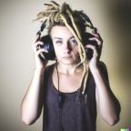 A young adult caucasian woman with blonde dreadlocks wearing large black vintage headphones