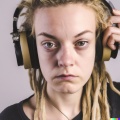 A young adult caucasian woman with blonde dreadlocks wearing large black vintage headphones (4)