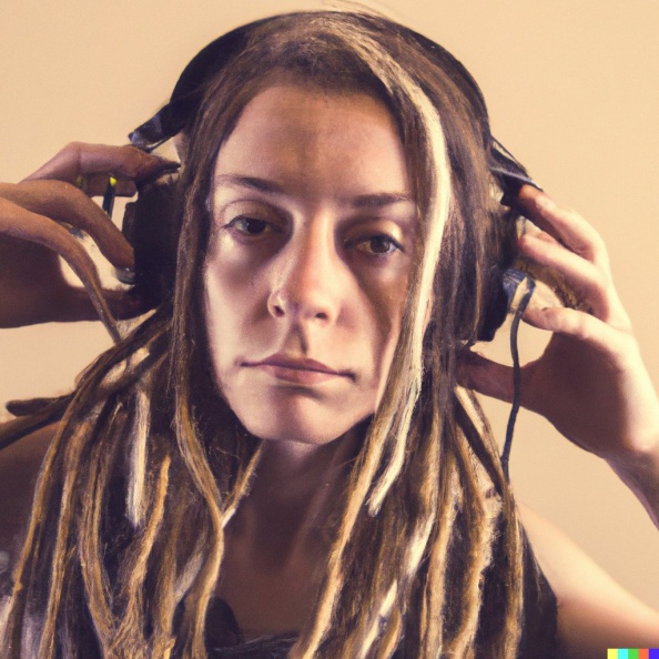 A young adult caucasian woman with blonde dreadlocks wearing large black vintage headphones (5).jpg