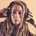 A young adult caucasian woman with blonde dreadlocks wearing large black vintage headphones (5)