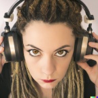 A young adult caucasian woman with blonde dreadlocks wearing large black vintage headphones (6)
