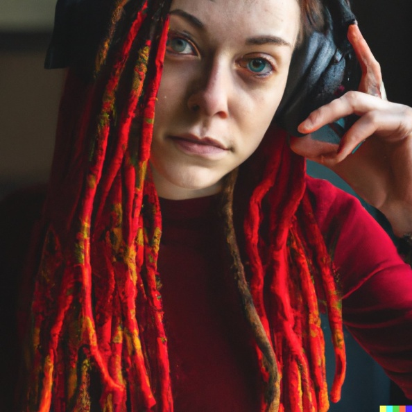 A young adult caucasian woman with red dreadlocks and green eyes wearing large black vintage headphones.jpg