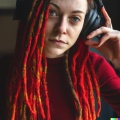 A young adult caucasian woman with red dreadlocks and green eyes wearing large black vintage headphones