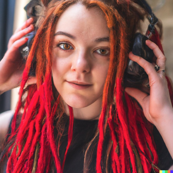 A young adult caucasian woman with red dreadlocks and green eyes wearing large black vintage headphones (2).jpg