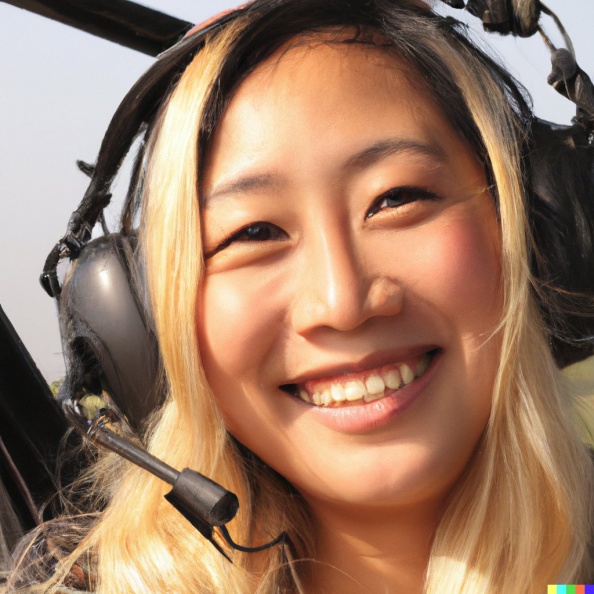 A high resolution photo of a cute, smiling young blonde woman wearing a large helicopter headset, detailed, realistic.jpg