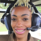 A high resolution photo of a cute, smiling young blonde woman wearing a large helicopter headset, detailed, realistic (2)