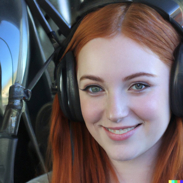 A high resolution photo of a cute, smiling young redheaded Caucasian woman wearing a large helicopter headset, detailed, realistic (2).jpg