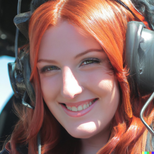 A high resolution photo of a cute, smiling young redheaded Caucasian woman wearing a large helicopter headset, detailed, realistic (4).jpg