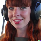 A high resolution photo of a cute, smiling young redheaded Caucasian woman with bangs wearing a large helicopter headset, detailed, realistic