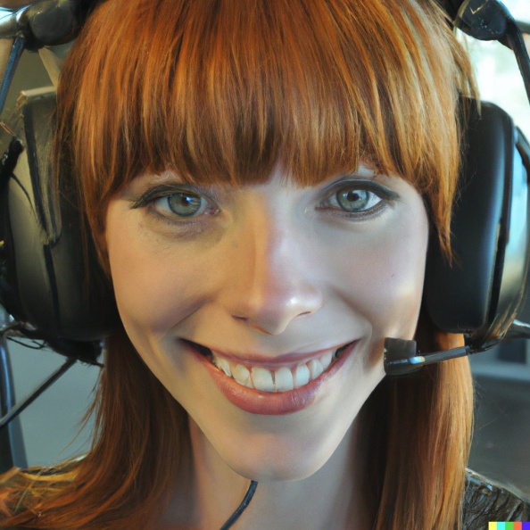 A high resolution photo of a skinny, cute, smiling young redheaded Caucasian woman with bangs wearing a large helicopter headset, detailed, realistic.jpg