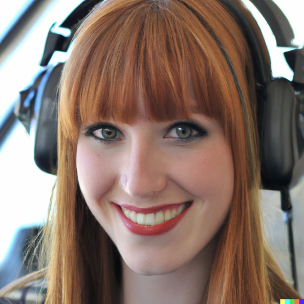 A high resolution photo of a skinny, cute, smiling young redheaded Caucasian woman with bangs wearing a large helicopter headset, detailed, realistic (2).jpg