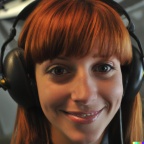 A high resolution photo of a skinny, cute, smiling young redheaded Caucasian woman with bangs wearing a large helicopter headset, detailed, realistic (3)