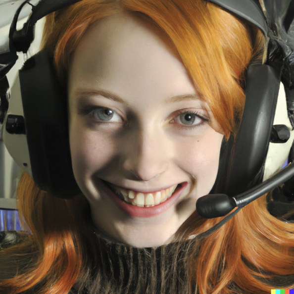 A high resolution photo of a skinny, smiling young redheaded woman wearing a large helicopter headset, detailed, realistic (2).jpg