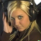 A high resolution photo of an attractive shy young blonde woman wearing a helicopter headset, detailed, realistic
