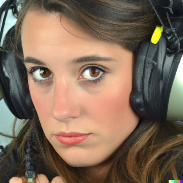 A high resolution photo of an attractive shy young woman wearing a helicopter headset, detailed, realistic.jpg