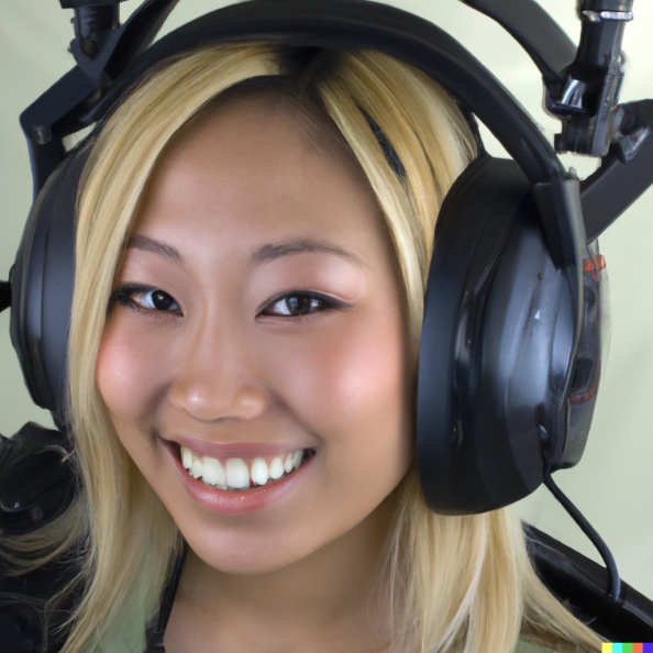 A high resolution photo of an attractive smiling young blonde woman wearing a large helicopter headset, detailed, realistic.jpg