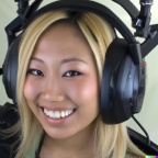 A high resolution photo of an attractive smiling young blonde woman wearing a large helicopter headset, detailed, realistic