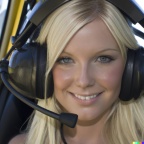 A high resolution photo of an attractive smiling young blonde woman wearing a large helicopter headset, detailed, realistic (3)