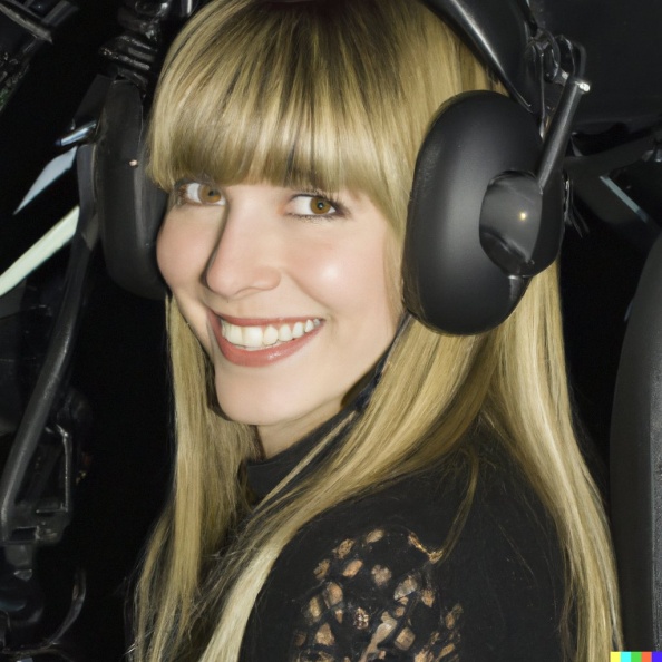 A high resolution photo of an attractive smiling young blonde woman with bangs wearing a large helicopter headset, detailed, realistic.jpg