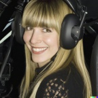 A high resolution photo of an attractive smiling young blonde woman with bangs wearing a large helicopter headset, detailed, realistic