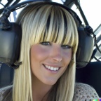 A high resolution photo of an attractive smiling young blonde woman with bangs wearing a large helicopter headset, detailed, realistic (2)