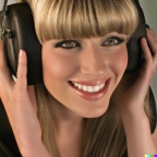 A high resolution photo of an attractive smiling young blonde woman with bangs wearing large black vintage headphones, detailed, realistic