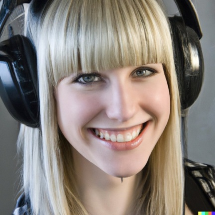 A high resolution photo of an attractive smiling young blonde woman with bangs wearing large black vintage headphones, detailed, realistic (2)