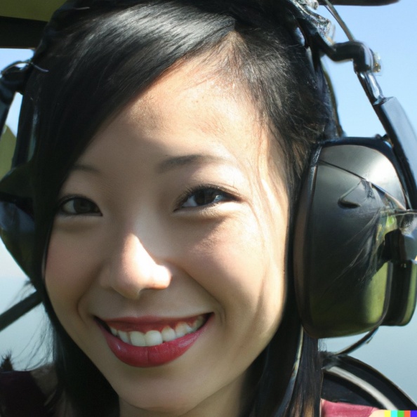 A high resolution photo of an attractive smiling young woman wearing a large helicopter headset, detailed, realistic.jpg