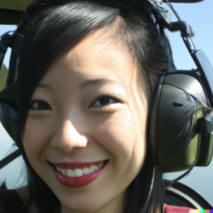 A high resolution photo of an attractive smiling young woman wearing a large helicopter headset, detailed, realistic