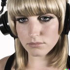 A high resolution photo of an attractive young blonde woman with bangs wearing large black vintage headphones, detailed, realistic
