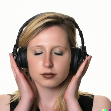 A high resolution, hyperrealistic photograph of a gorgeous young blonde woman with a sleepy look in her eyes, wearing large black vintage headphones, 