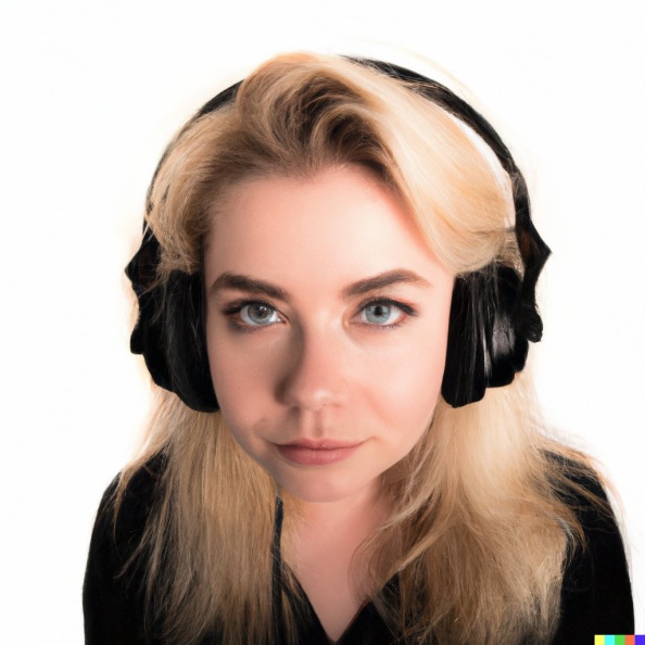 A high resolution, hyperrealistic wide shot photograph of a gorgeous smiling young blonde woman with a sleepy look in her eyes, wearing large black vi.jpg