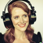 Amy Adams smiling wearing large black vintage headphones