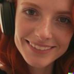 attractive smiling young redhead woman wearing large black vintage headphones, mastery of color grading and detail, insanely detailed and intricate, (3)