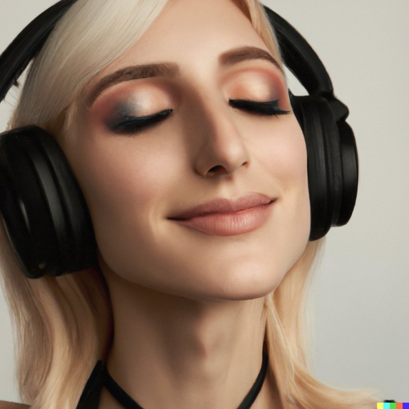 gorgeous smiling young blonde woman with closed eyes and goth makeup wearing large black vintage headphones, mastery of color grading and detail, in.jpg