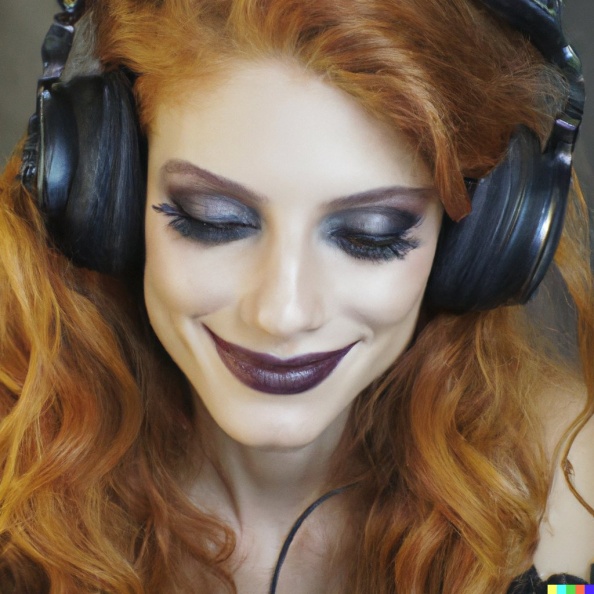 gorgeous smiling young curly haired redhead woman with goth makeup wearing large black highly detailed vintage headphones, mastery of color grading a.jpg