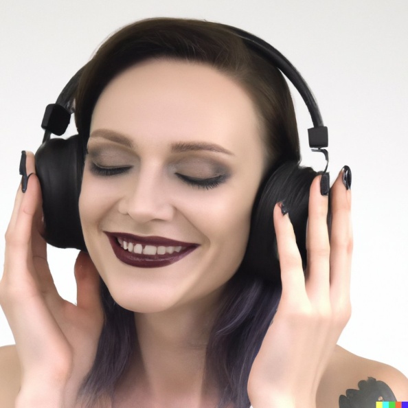 gorgeous smiling young woman with closed eyes and goth makeup wearing large black vintage headphones, mastery of color grading and detail, insanely .jpg
