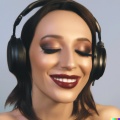 gorgeous smiling young woman with closed eyes and goth makeup wearing large black vintage headphones, mastery of color grading and detail, insanely  (2)