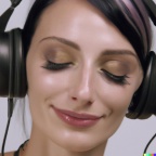 gorgeous smiling young woman with closed eyes and goth makeup wearing large black vintage headphones, mastery of color grading and detail, insanely  (3)