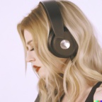 Professional photograph of attractive young blonde woman wearing large black vintage headphones, mastery of color grading and detail, insanely detai (3)