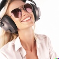 Wide shot professional photograph of a beautiful, smiling young blonde woman with closed eyes wearing large aviator headset, hyper realistic , ultra 