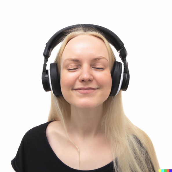 Wide shot professional photograph of a beautiful, smiling young blonde woman with closed eyes wearing large black vintage headphones, hyper realistic.jpg
