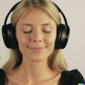 Wide shot professional photograph of a beautiful, smiling young blonde woman with closed eyes wearing large black vintage headphones, mastery of colo.jpg