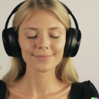 Wide shot professional photograph of a beautiful, smiling young blonde woman with closed eyes wearing large black vintage headphones, mastery of colo