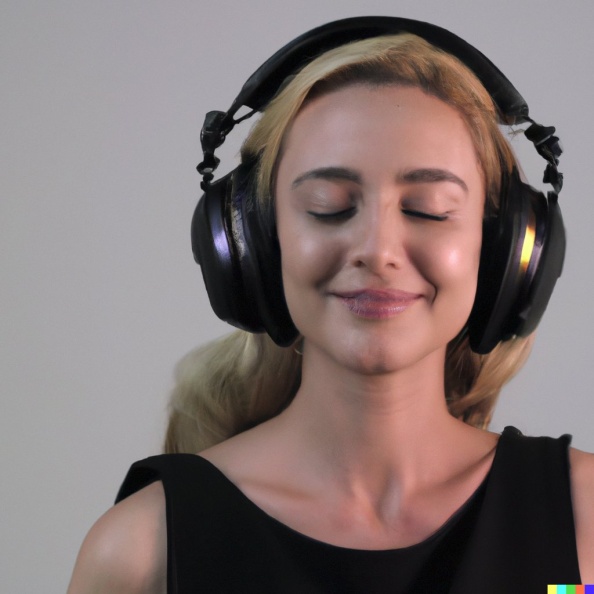 Wide shot professional photograph of a beautiful, smiling young blonde woman with closed eyes wearing large black vintage headphones, mastery of colo (2).jpg