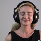 Wide shot professional photograph of a beautiful, smiling young blonde woman with closed eyes wearing large black vintage headphones, mastery of colo (2)