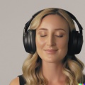 Wide shot professional photograph of a beautiful, smiling young blonde woman with closed eyes wearing large black vintage headphones, mastery of colo (3).jpg