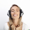 Wide shot professional photograph of a beautiful, smiling young blonde woman with closed eyes wearing large headset, hyper realistic , ultra high qua.jpg