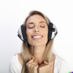 Wide shot professional photograph of a beautiful, smiling young blonde woman with closed eyes wearing large headset, hyper realistic , ultra high qua